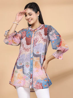 Nayam by lakshita - Womens Printed Front Open Tunic With Lace Detailing Pink
