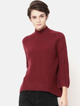 Gipsy - Women Solid Full Sleeve Wine Sweater