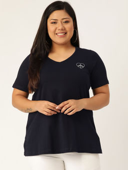 theRebelinme - Plus Size Womens Navy Blue Solid Color V-Neck Cotton T-Shirt