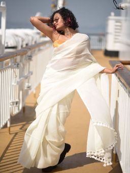 Suta - White Zari Striped Pure Cotton Saree without Blouse