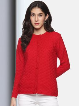 CLAPTON - Womens Wool Blend Red Full Sleeve Solid Self Design Round Neck Cardigan