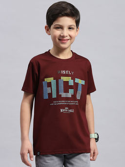 Monte Carlo - Boys Maroon Printed Round Neck Half Sleeve T-Shirt