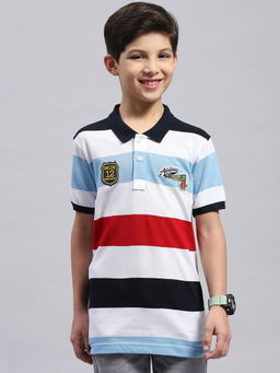 Monte Carlo - Boys White & Blue Striped Collared Neck Half Sleeve T-Shirt