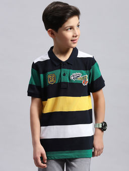Monte Carlo - Boys Navy Blue & Green Striped Collared Neck Half Sleeve T-Shirt