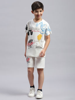 Monte Carlo - Boys White Printed Round Neck T shirt and Shorts (Set of 2)