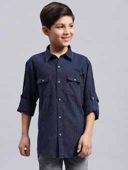 Monte Carlo - Boys Navy Blue Striped Collared Neck Full Sleeve Casual Shirt