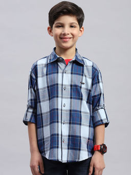 Monte Carlo - Boys Blue Checkered Collared Neck Full Sleeve Casual Shirt