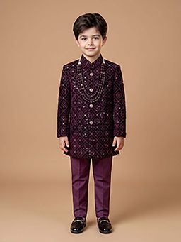 ETHNIKS NEURON - Ethniks Neu-Ron Embroidered Sherwani with Pant and Mala-Wine
