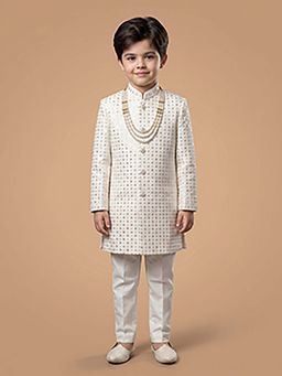 ETHNIKS NEURON - Ethniks Neu-Ron Embroidered Sherwani with Pant and Mala-Cream