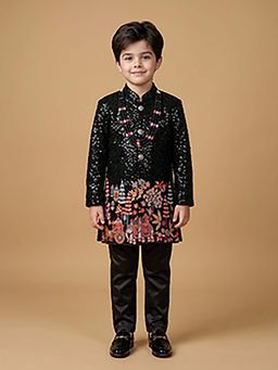 ETHNIKS NEURON - Ethniks Neu-Ron Sequins Embroidered Sherwani with Pant and Mala-Black