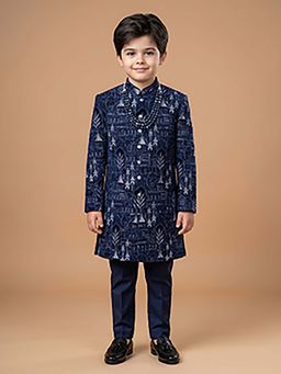 ETHNIKS NEURON - Ethniks Neu-Ron Embroidered Sherwani with Pant and Mala-Navy Blue
