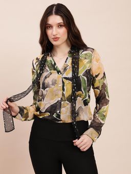 Globus - Women Olive Print Georgette Shirt with Scarf
