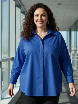 Globus - Women Blue Curved Hem Oversized Plus Size Workwear Shirt