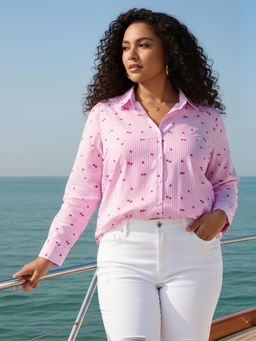 Globus - Women Pink Striped Print Curved Hem Plus Size Shirt