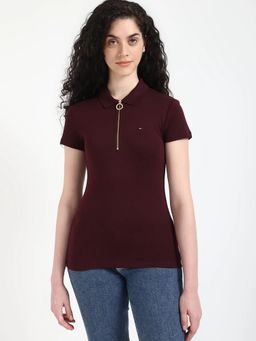 Tommy Hilfiger - Solid Slim Fit Cotton Maroon Polo T-Shirt