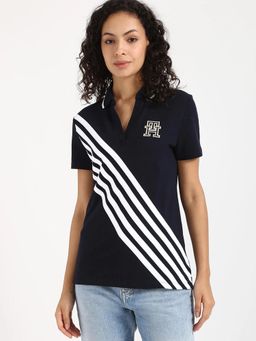 Tommy Hilfiger - Striped Regular Fit Cotton Navy Blue Polo T-Shirt