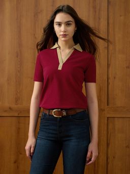 U.S. POLO ASSN. - Textured Contrast Collar Regular Fit Red Polo T-Shirt