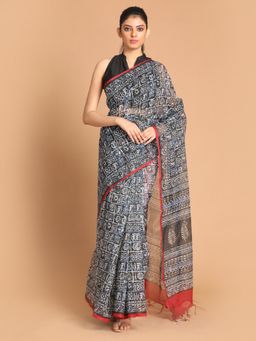 Indethnic - Black Printed Super Net Saree with Unstitched Blouse