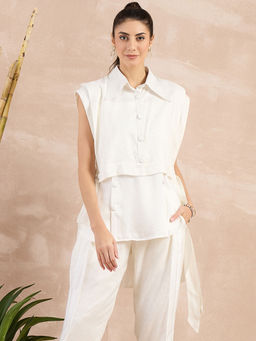 First Resort by Ramola Bachchan - White Sleeveless Bib Cover-Up With Side Straps Overlay