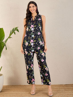 First Resort by Ramola Bachchan - Black And Pink Garden Print Sleeveless Co-Ord (Set of 2)