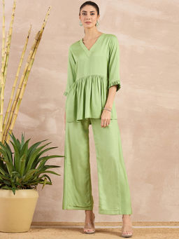 First Resort by Ramola Bachchan - Pastel Green V-Neck Peplum Top with Flared Trouser (Set of 2)