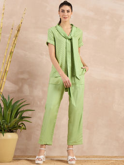 First Resort by Ramola Bachchan - Pastel Green Herringbone Self Design Co-Ord (Set of 3)