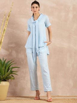 First Resort by Ramola Bachchan - Sky Blue Herringbone Self Design Co-Ord (Set of 3)