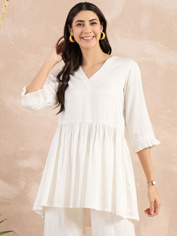 First Resort by Ramola Bachchan - White Herringbone V-Neck Peplum Top