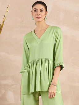 First Resort by Ramola Bachchan - Pastel Green Herringbone V-Neck Peplum Top