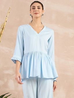 First Resort by Ramola Bachchan - Sky Blue Herringbone V-Neck Peplum Top
