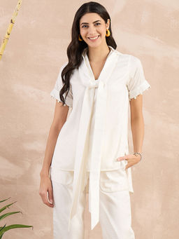 First Resort by Ramola Bachchan - White Herringbone High-Low Top With Belt (Set of 2)