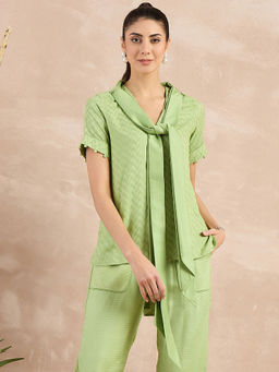 First Resort by Ramola Bachchan - Pastel Green Herringbone High-Low Top With Belt (Set of 2)