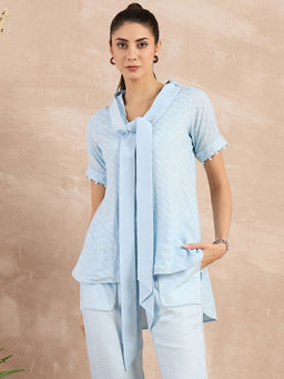 First Resort by Ramola Bachchan - Sky Blue Herringbone High-Low Top With Belt (Set of 2)