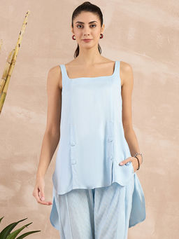 First Resort by Ramola Bachchan - Sky Blue High-Low Sleeveless Top