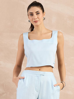 First Resort by Ramola Bachchan - Sky Blue Buttoned Camisole Crop Top