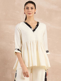 First Resort by Ramola Bachchan - Beige And Black Baroque Printed Linen Top