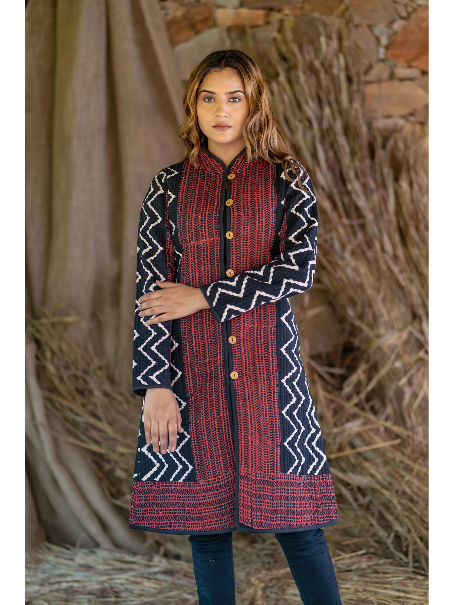 navyas fashion Black Red Quilted Reversible Coat-picture-5