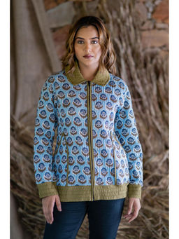 NAVYAS FASHION - Blue Block Printed Quilted Bomber Jacket
