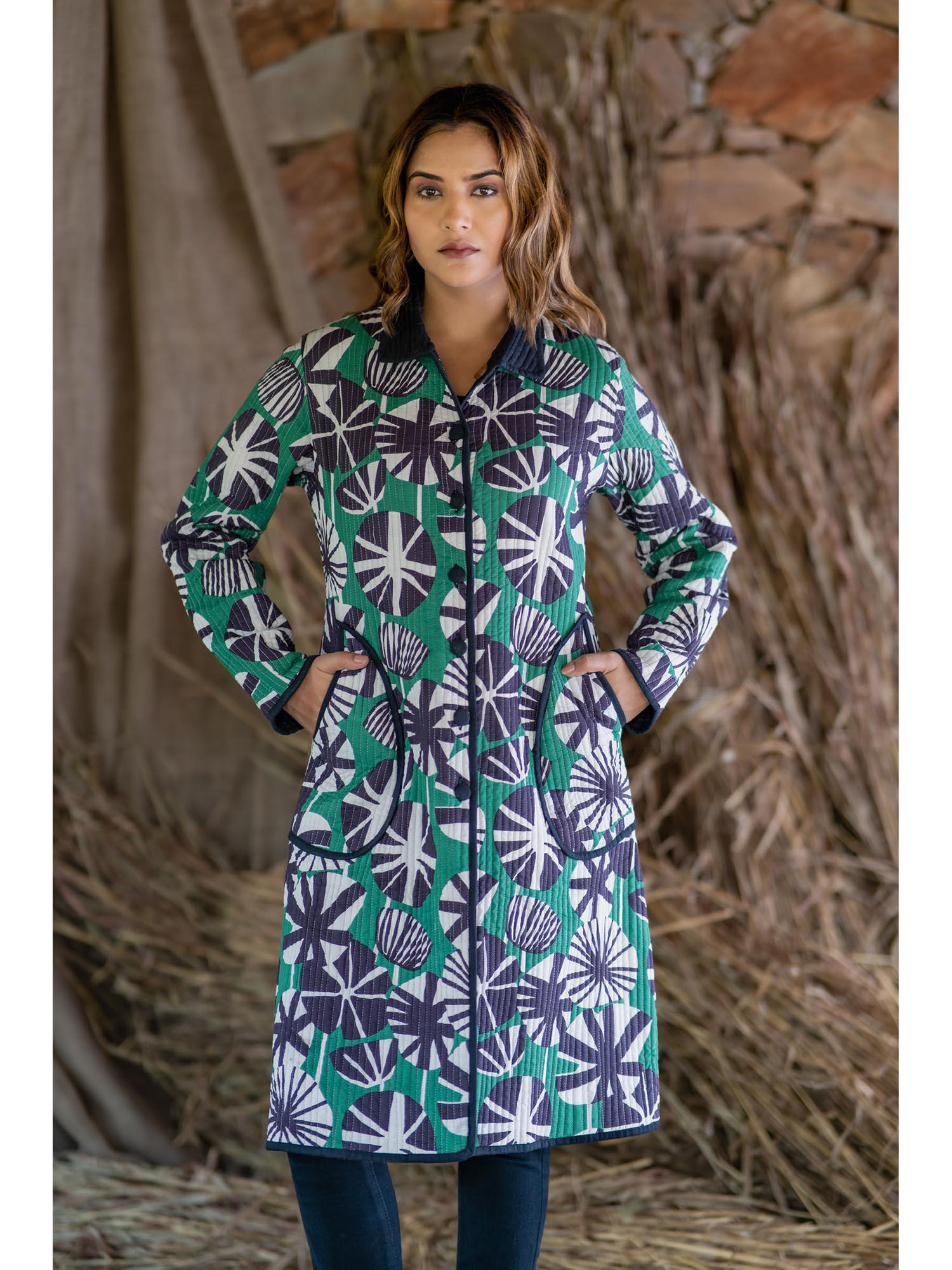 navyas fashion Black Green Printed Quilted Coat-picture-8