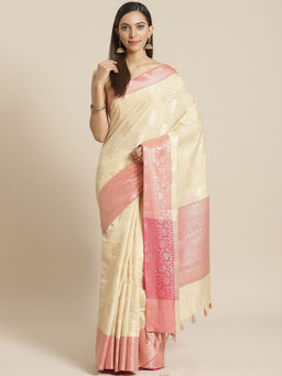 Indethnic - Banarasi Cream Woven Design Work Wear Saree With Unstitched Blouse