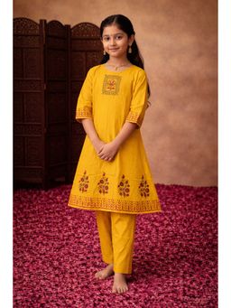 Aarika - Mustard Embroidered Three Fourth Sleeves Kurta and Pant