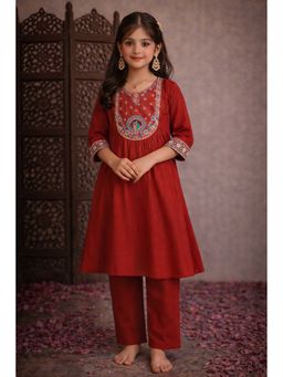 Aarika - Rust Embroidered Three Fourth Sleeves Kurta and Pant