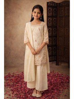 Aarika - Cream Embroidered Three Fourth Sleeves Kurti Palazzo with Dupatta