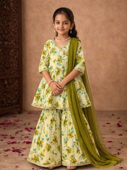 Aarika - Green Floral Three Fourth Sleeves Kurti Sharara and Duaptta