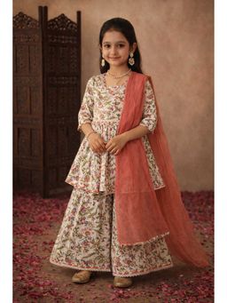 Aarika - Cream Embroidered Three Fourth Sleeves Kurti Sharara and Duaptta