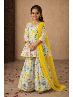 Aarika - Cream Printed Three Fourth Sleeves Kurti Sharara and Duaptta