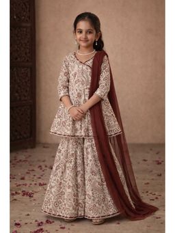 Aarika - Cream Printed Three Fourth Sleeves Kurti Sharara and Duaptta