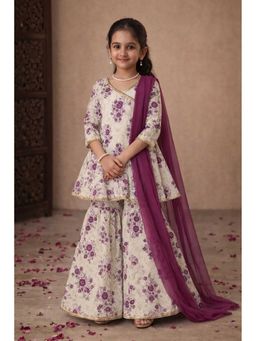 Aarika - Cream Floral Three Fourth Sleeves Kurti Sharara and Duaptta