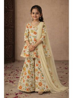 Aarika - Yellow Floral Three Fourth Sleeves Kurti Sharara and Duaptta