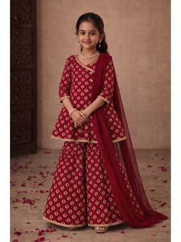 Aarika - Maroon Floral Three Fourth Sleeves Kurti Sharara and Duaptta
